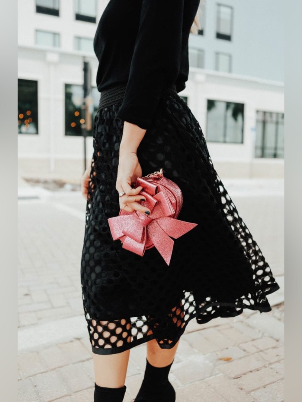 Me 2 Magic Black Round Lace Eyelet Layered A-Line Midi Skirt